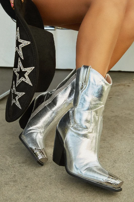 Reba Western Cowgirl Ankle Boots - Silver