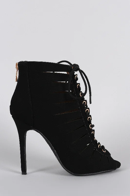 Anne Michelle Nubuck Slit Lace Up Peep Toe Bootie