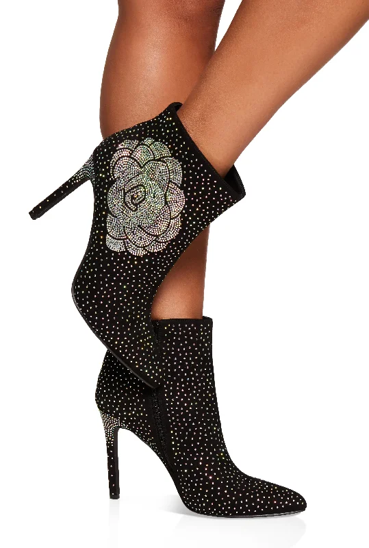 Rhinestone Flower Pointed Toe Booties